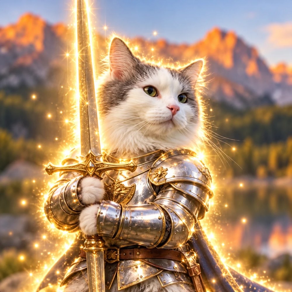 Gery, a fluffy grey and white cat in shining plate armour, holding a glowing golden sword in front of a mountain lake at sunset